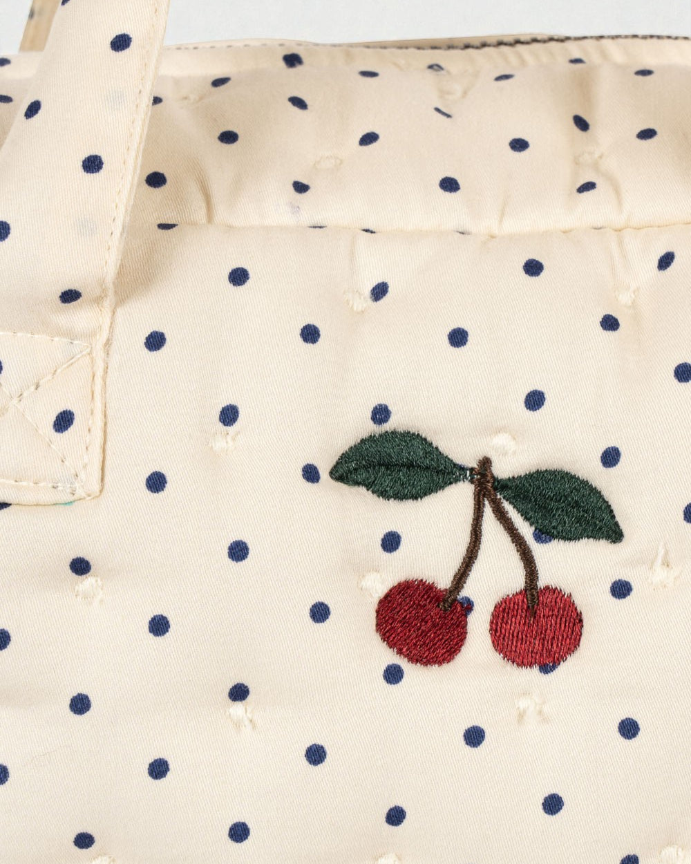 OEKO-TEX cotton diaper bag showing cream fabric with blue polka dot pattern