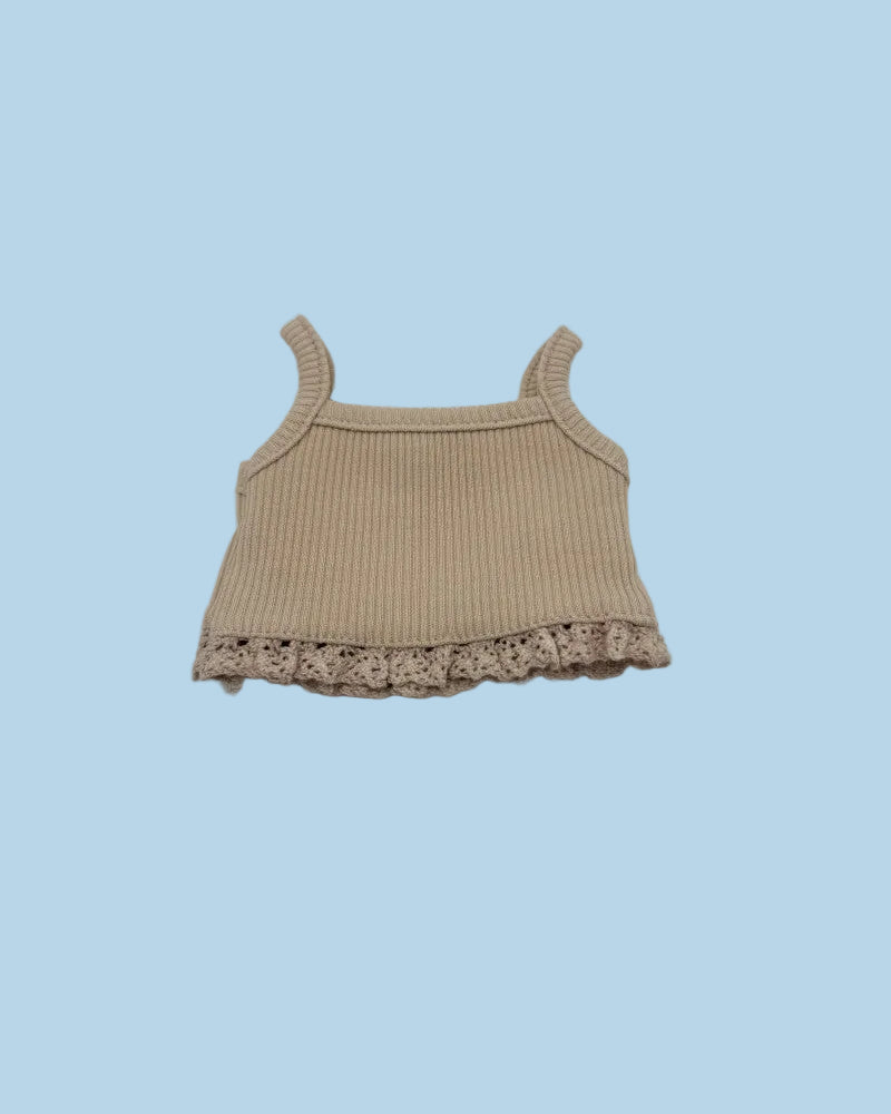 Beige ribbed tank top with lace trim