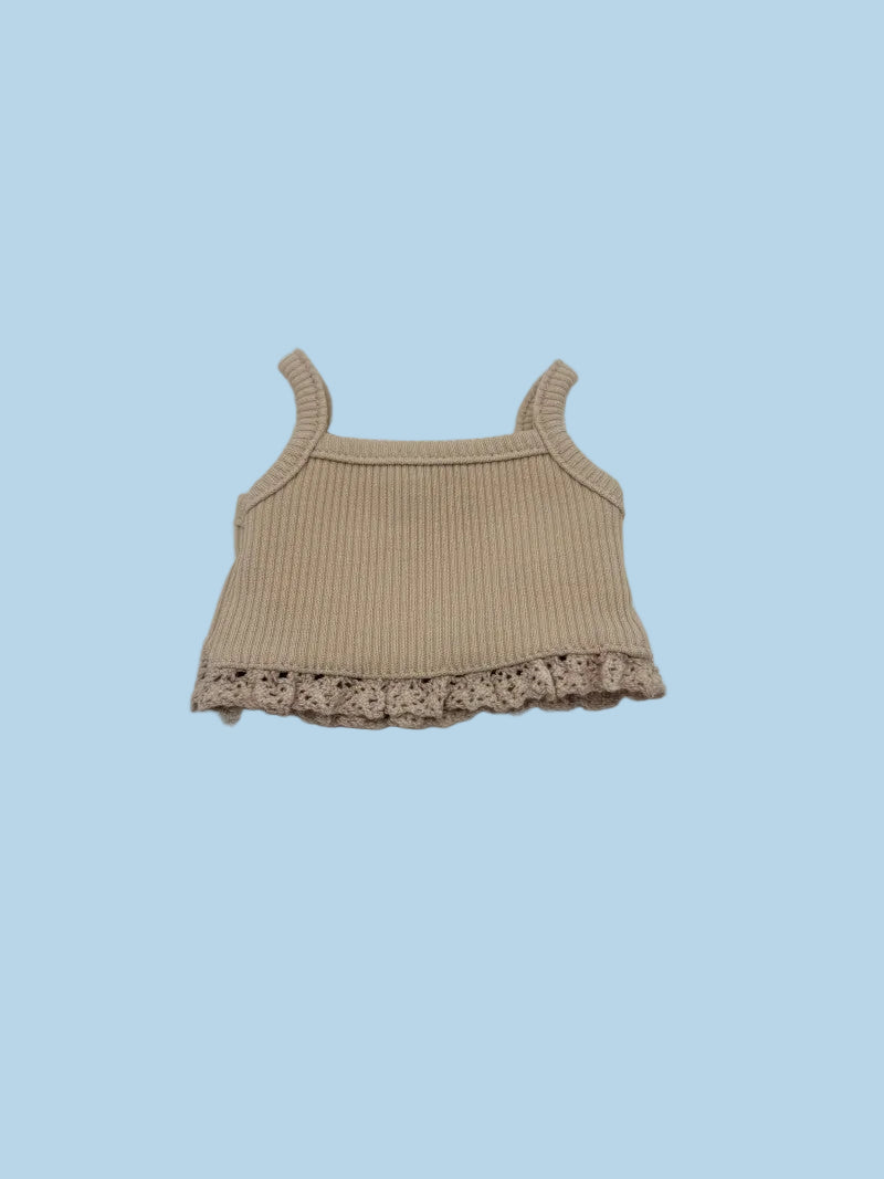 Beige ribbed tank top with lace trim