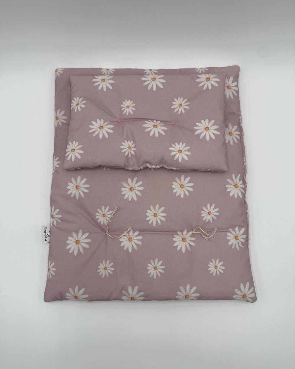 Hand-stitched cotton doll pillow and blanket lavender daisy print bedding set