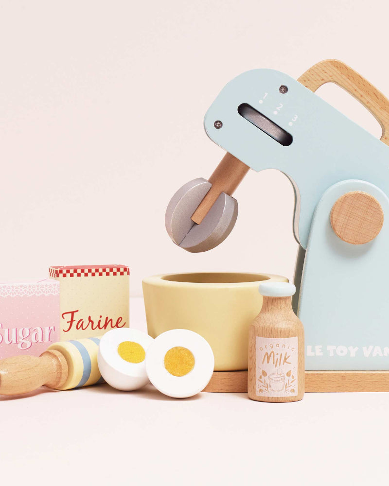 Le Toy Van wooden baker's mixer set with ingredients in pastel colors