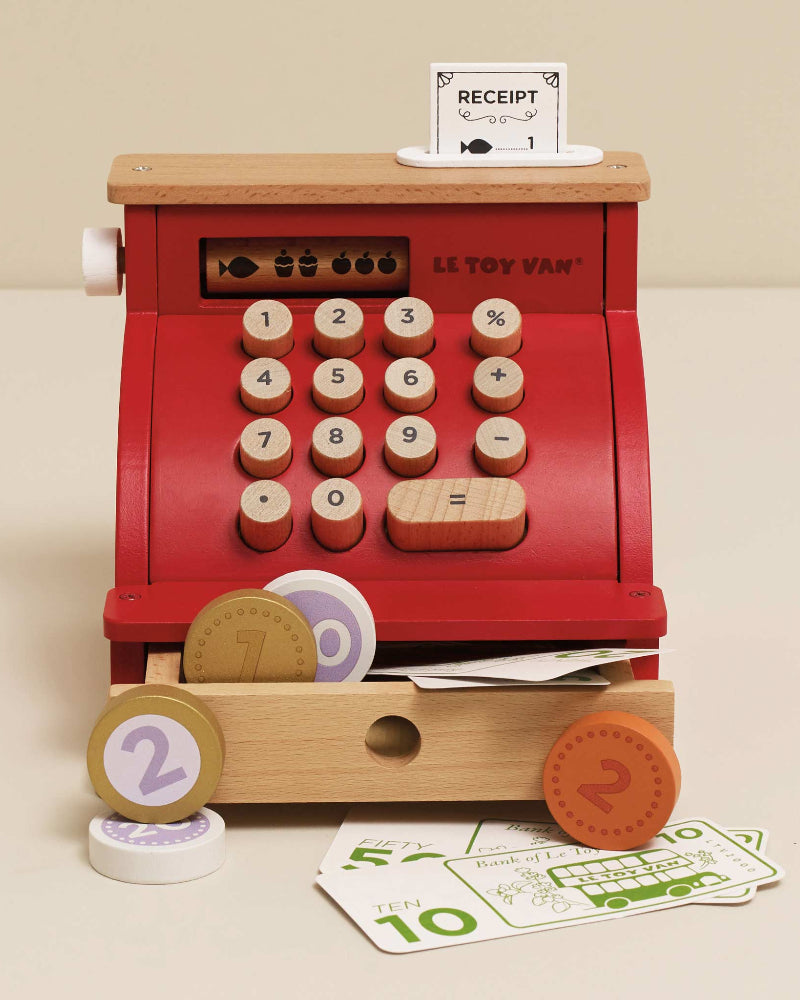 Le Toy Van wooden cash register in red with gold details and play money