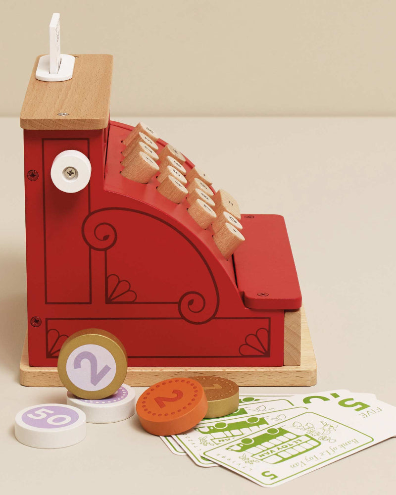 Vintage-style toy till with working drawer wooden receipt and coins