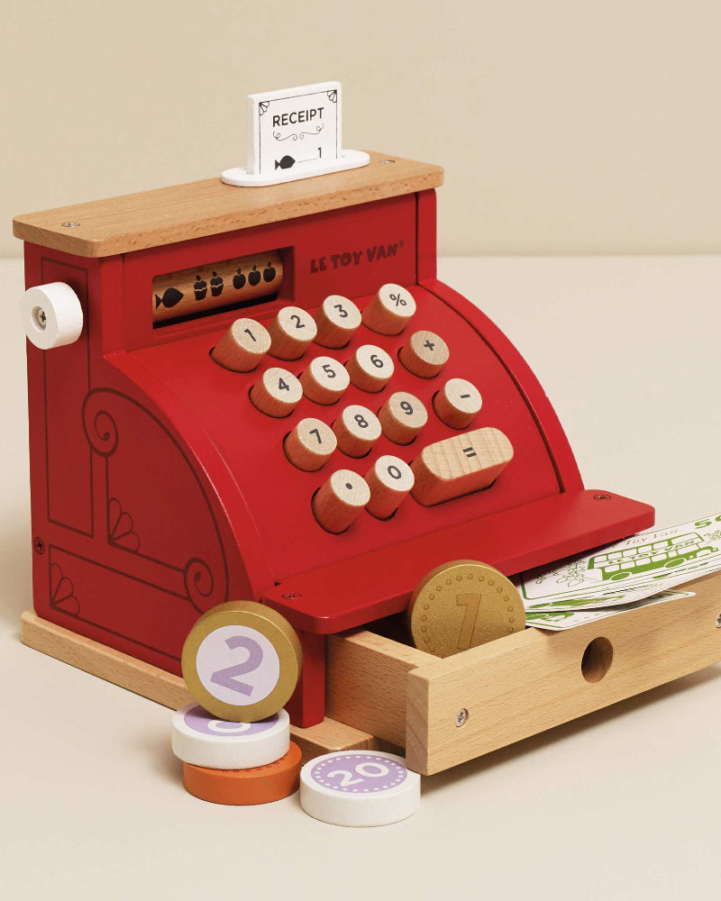 Complete Le Toy Van till set showing drawer open with money inside