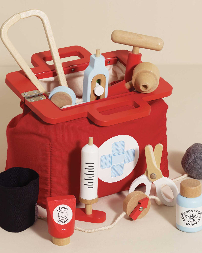 Wooden medical play set with stethoscope thermometer and accessories