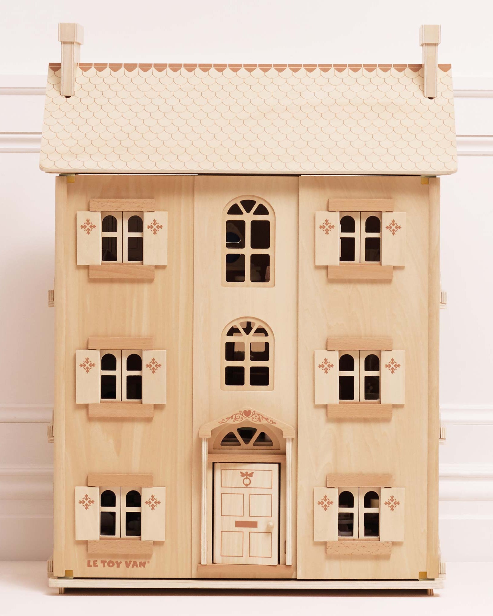 Natural wood dollhouse with six rooms opening windows and shutters