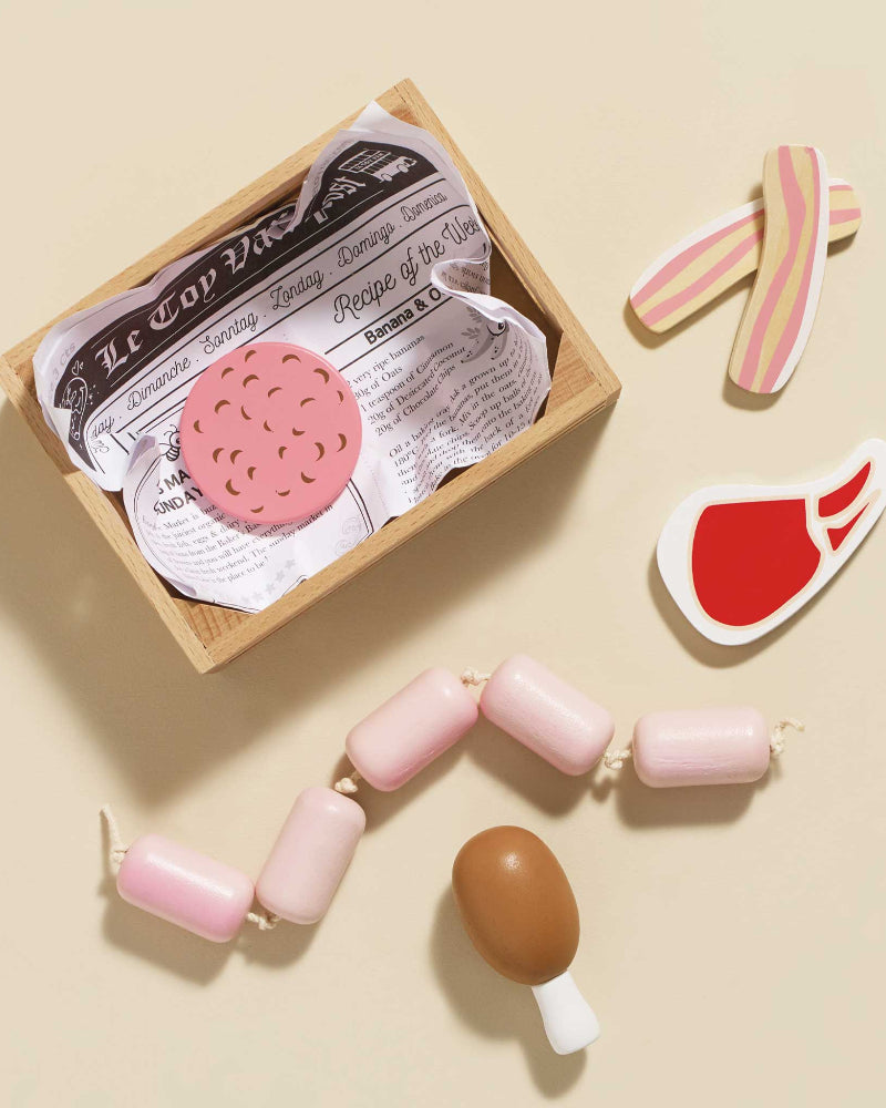 Le Toy Van wooden butcher crate with sausage steak chicken salami and bacon
