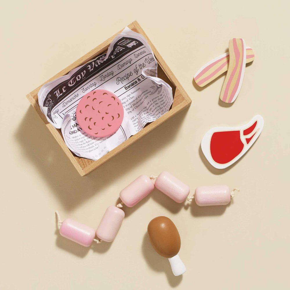 Le Toy Van wooden butcher crate with sausage steak chicken salami and bacon