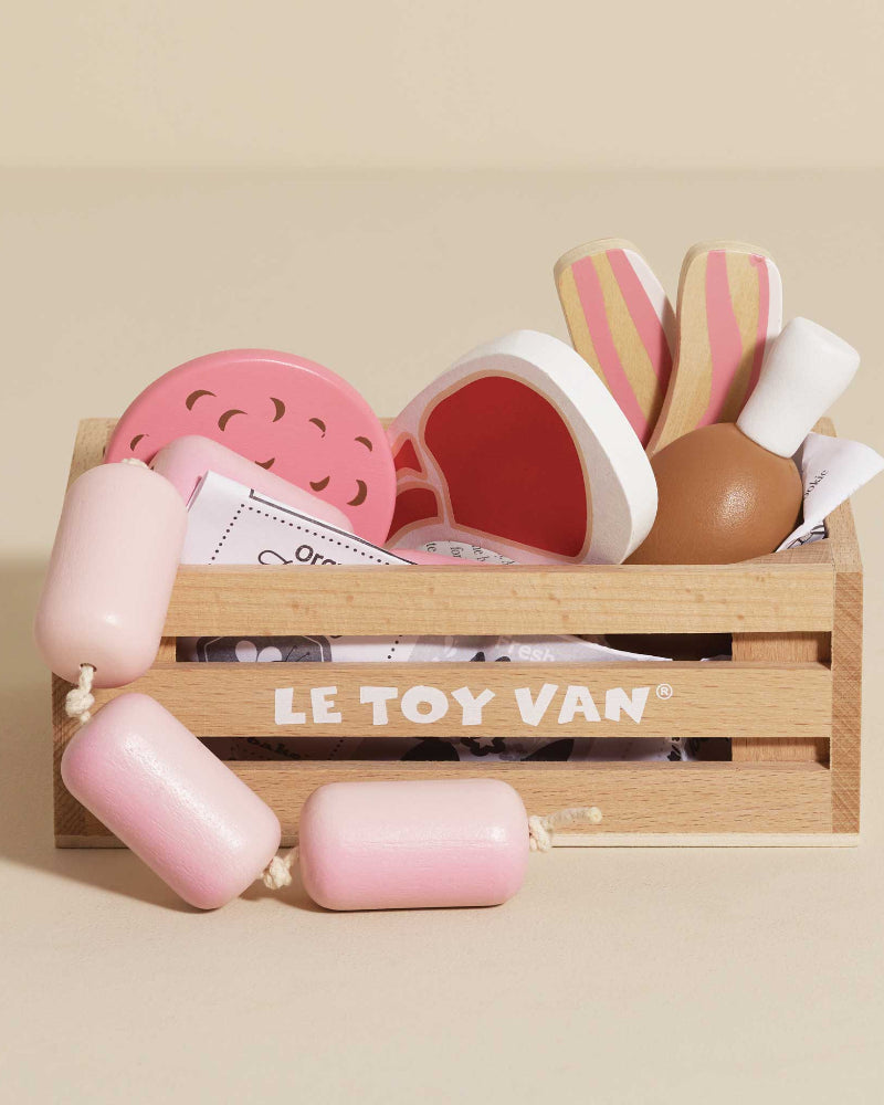 British made wooden meat play food in storage crate with newspaper insert