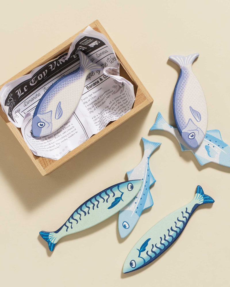 British made wooden fish toys in storage crate with realistic illustrations