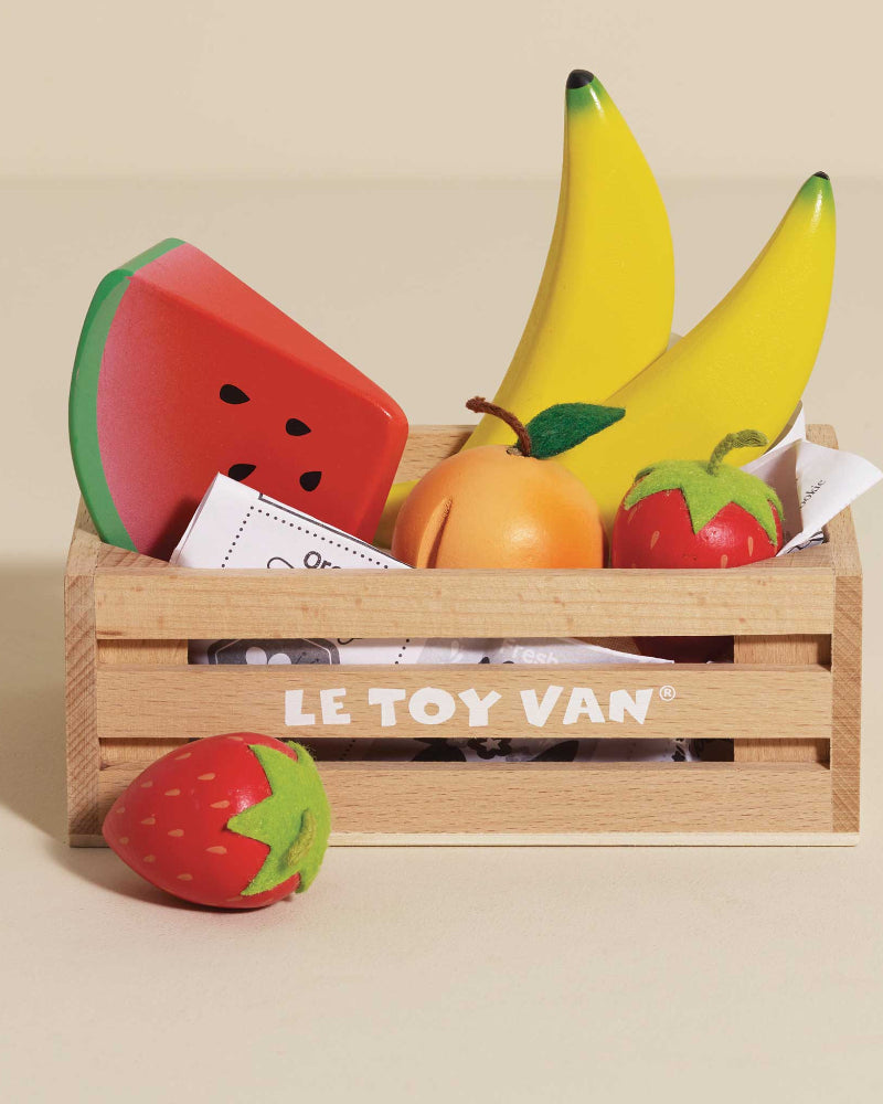Le Toy Van wooden fruit crate with bananas strawberries peach and watermelon slice