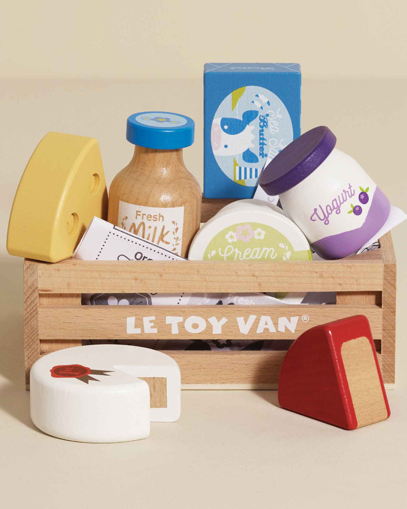 Le Toy Van wooden cheese and dairy crate with milk butter yogurt and three cheeses