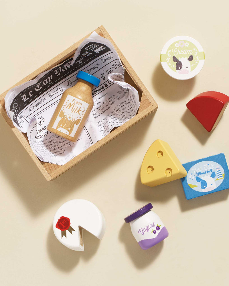 British made wooden dairy play food in storage crate for market pretend play