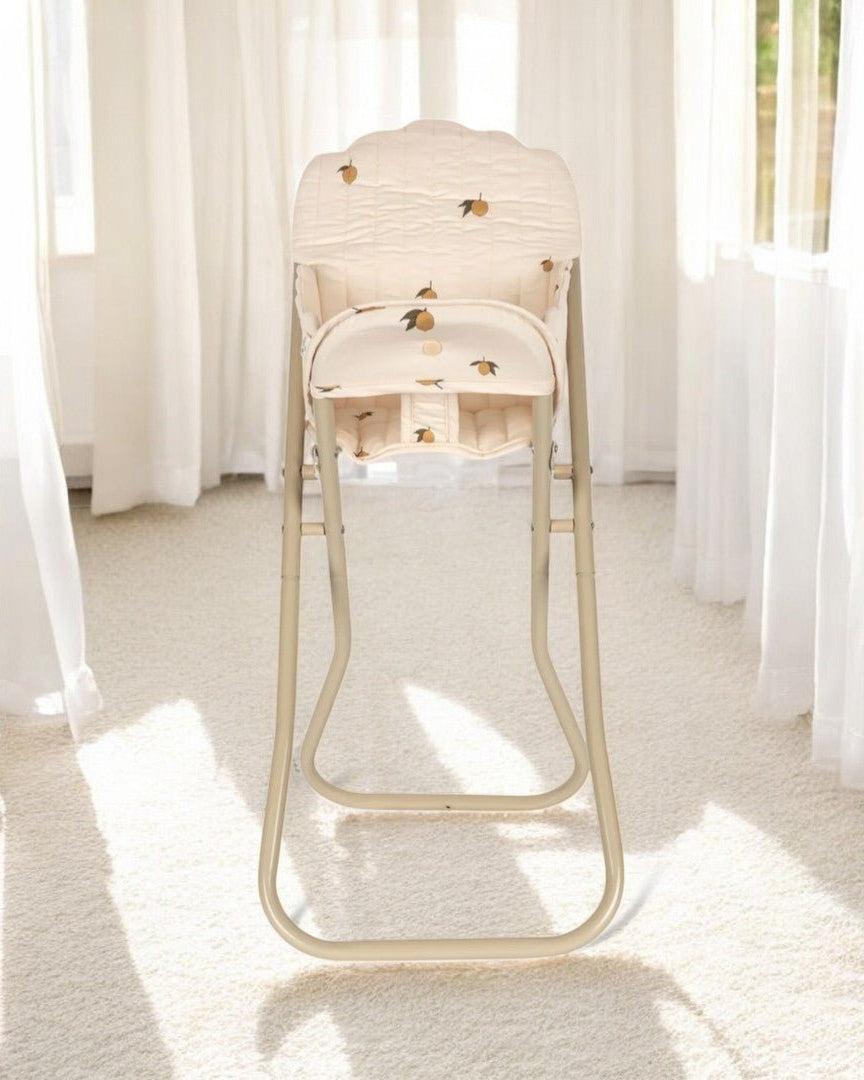 Metal baby doll high chair with adjustable tray for imaginative playroom adventures