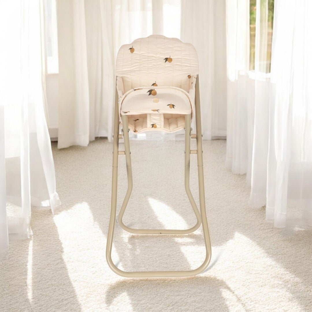 Metal baby doll high chair with adjustable tray for imaginative playroom adventures