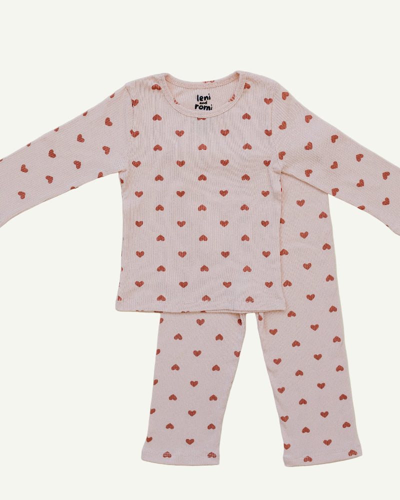 Dreamy Mauve Hearts ribbed cotton play set with mauve heart print on blush pink for children