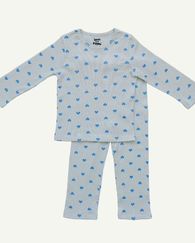 Skydream Blue Hearts ribbed cotton play set with blue heart print on blush pink for kids