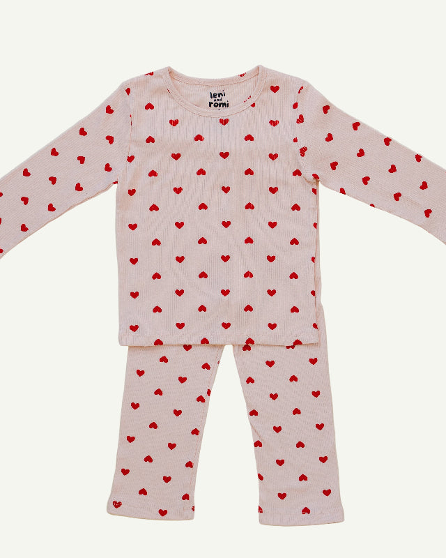 Valentine Rose Hearts ribbed cotton play set with red heart print on blush pink for kids
