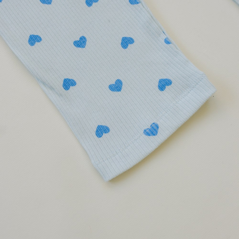 Stretchy cotton spandex kids comfort wear in soft pink with blue heart design