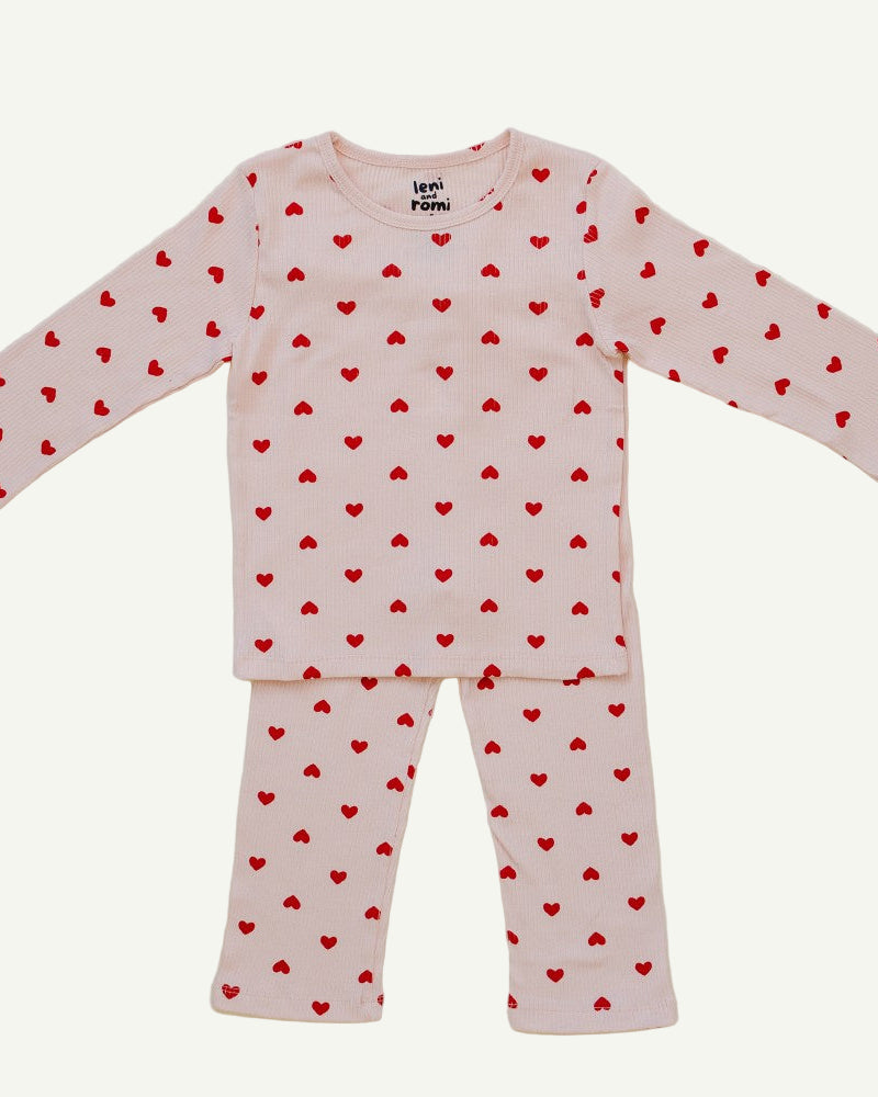 Valentine Rose Hearts ribbed cotton play set with red heart print on blush pink for kids