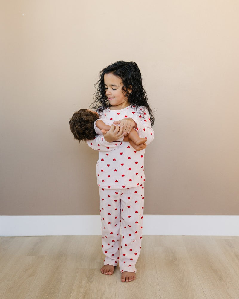 Young child wearing premium Korean-made ribbed set in Valentine Rose Hearts print