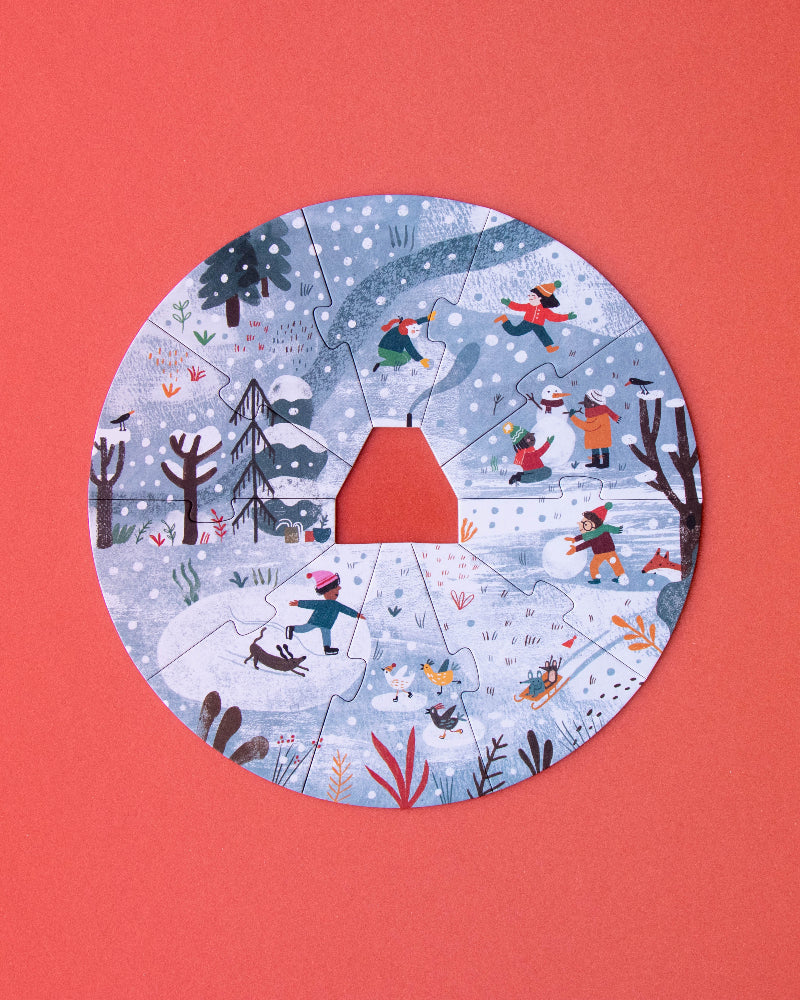 Circular winter scene illustration on a red background