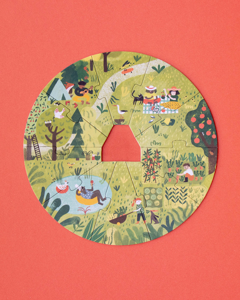 Circular design with illustrations of people and nature on a red background