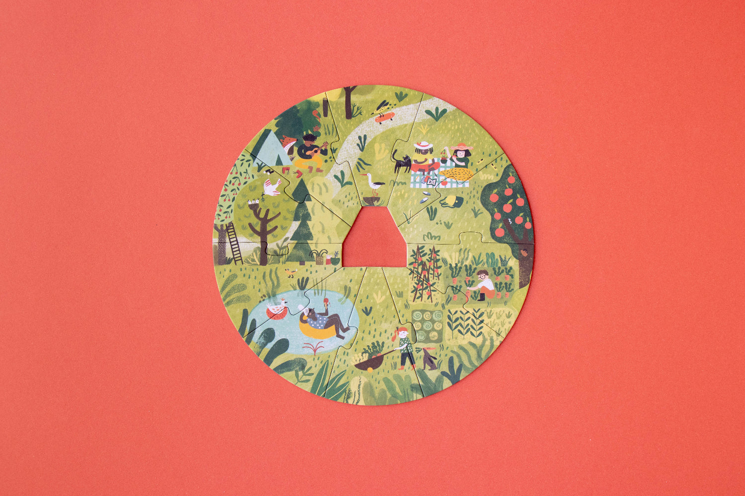 Circular design with illustrations of people and nature on a red background