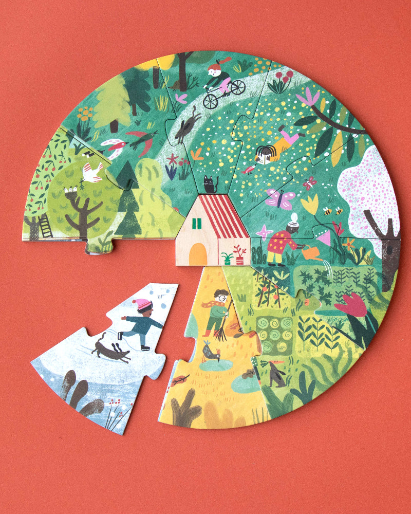 Circular puzzle with colorful illustrations on a red background