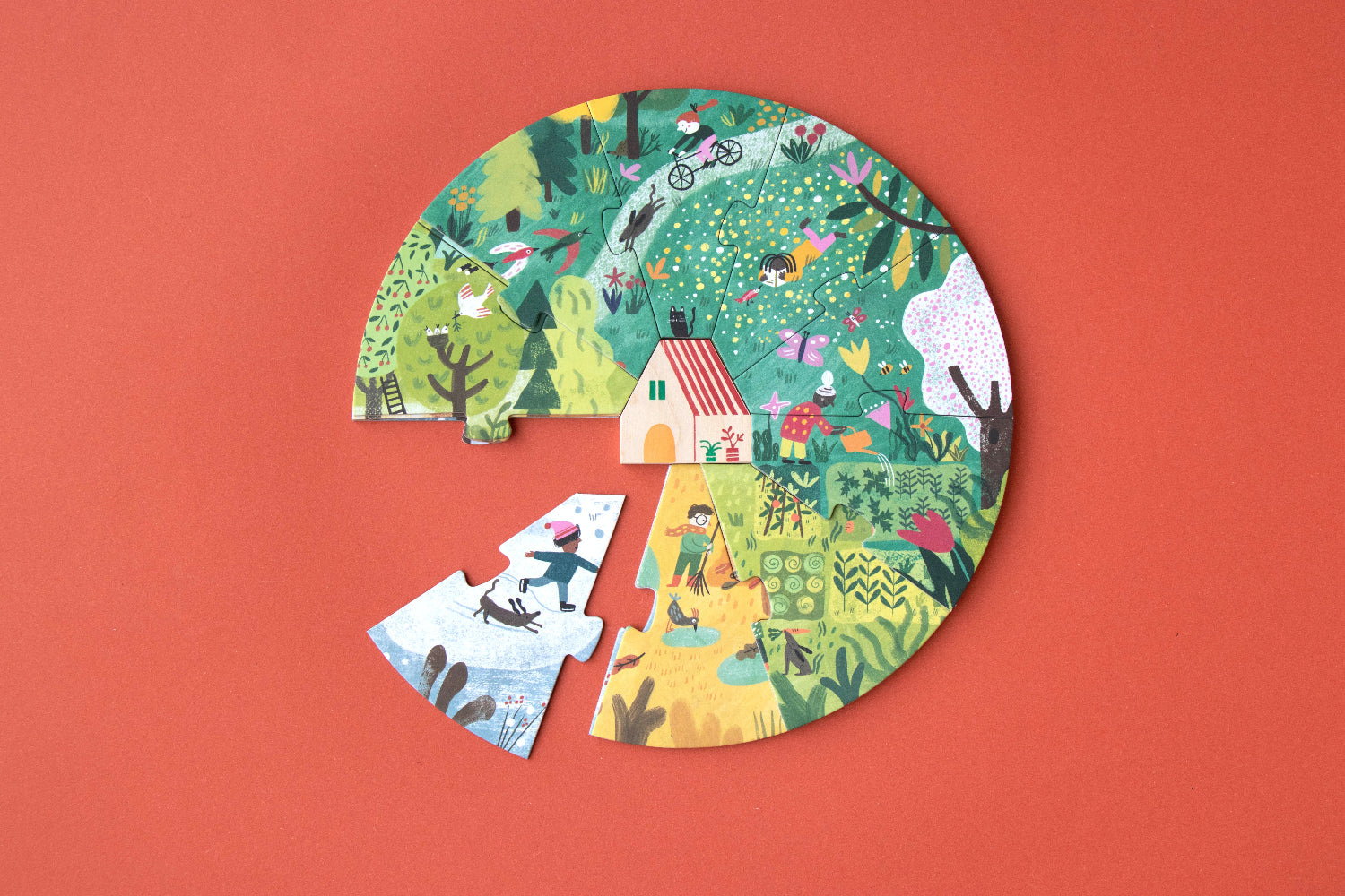 Circular puzzle with colorful illustrations on a red background