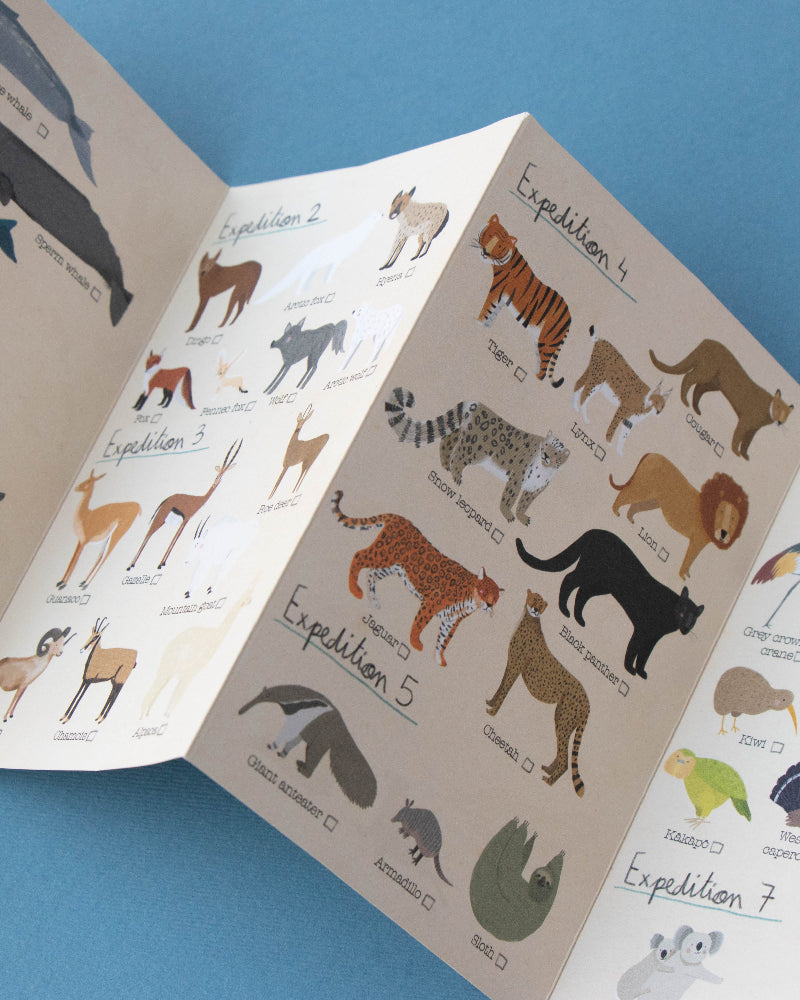 Educational book with illustrations of animals on a blue background