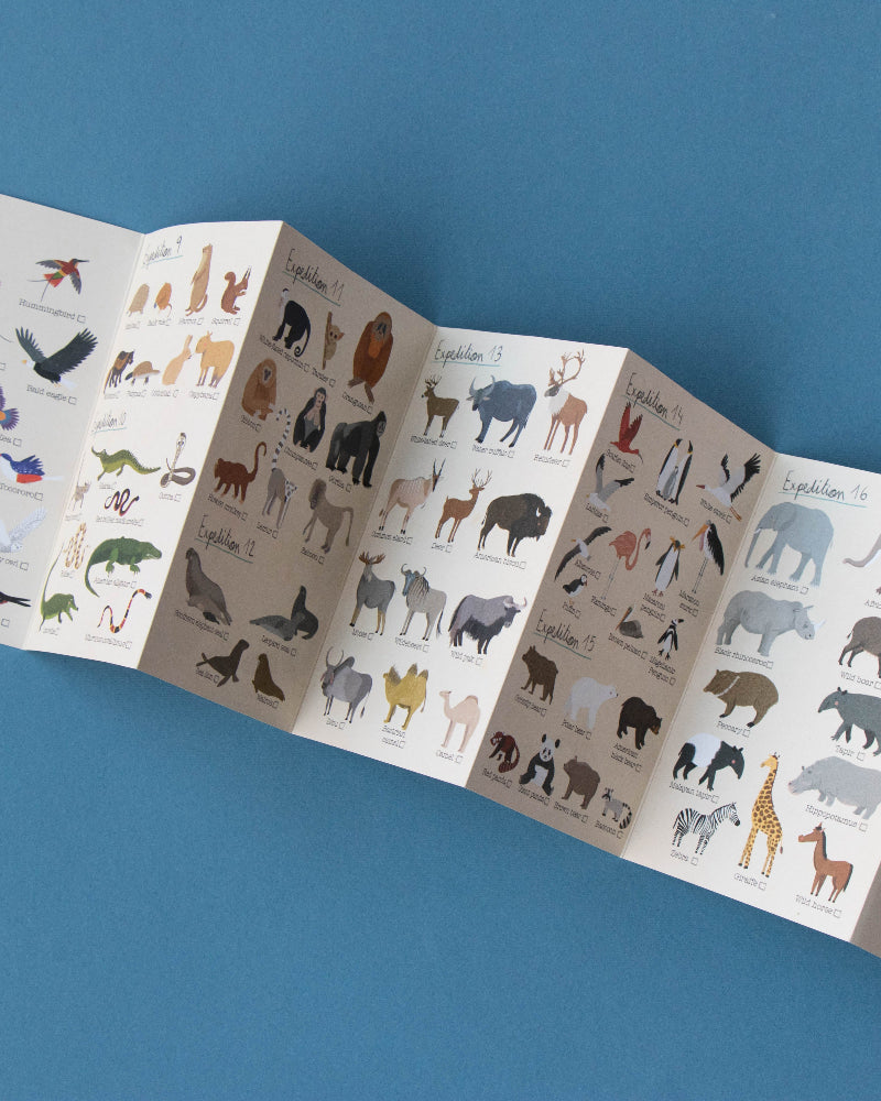 Foldout card with illustrations of animals on a blue background
