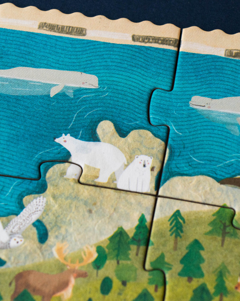 Jigsaw puzzle pieces depicting animals in a natural setting