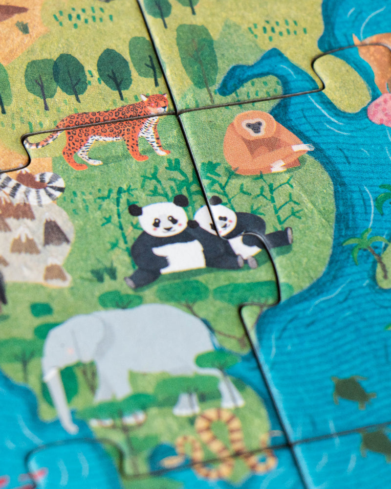 Children's puzzle with animal illustrations on a colorful background