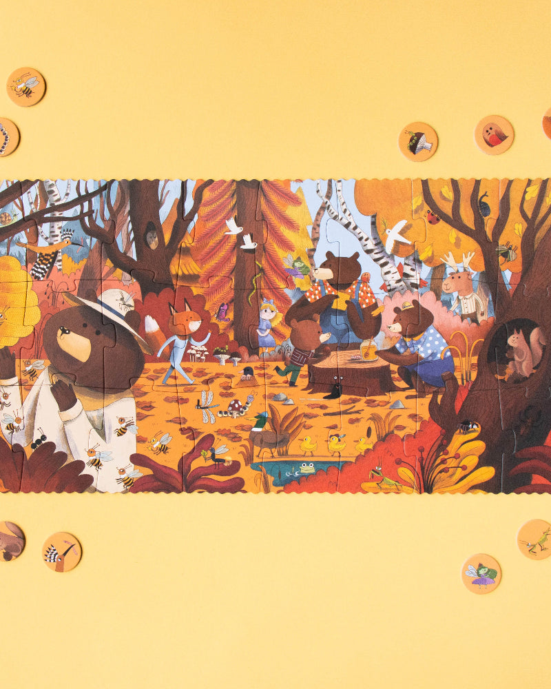 Illustration of bears in a forest setting with autumn leaves on a yellow background