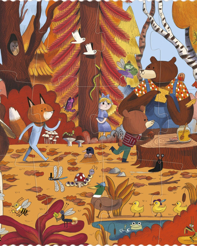 Colorful illustration of animals in a forest setting with trees and autumn leaves.