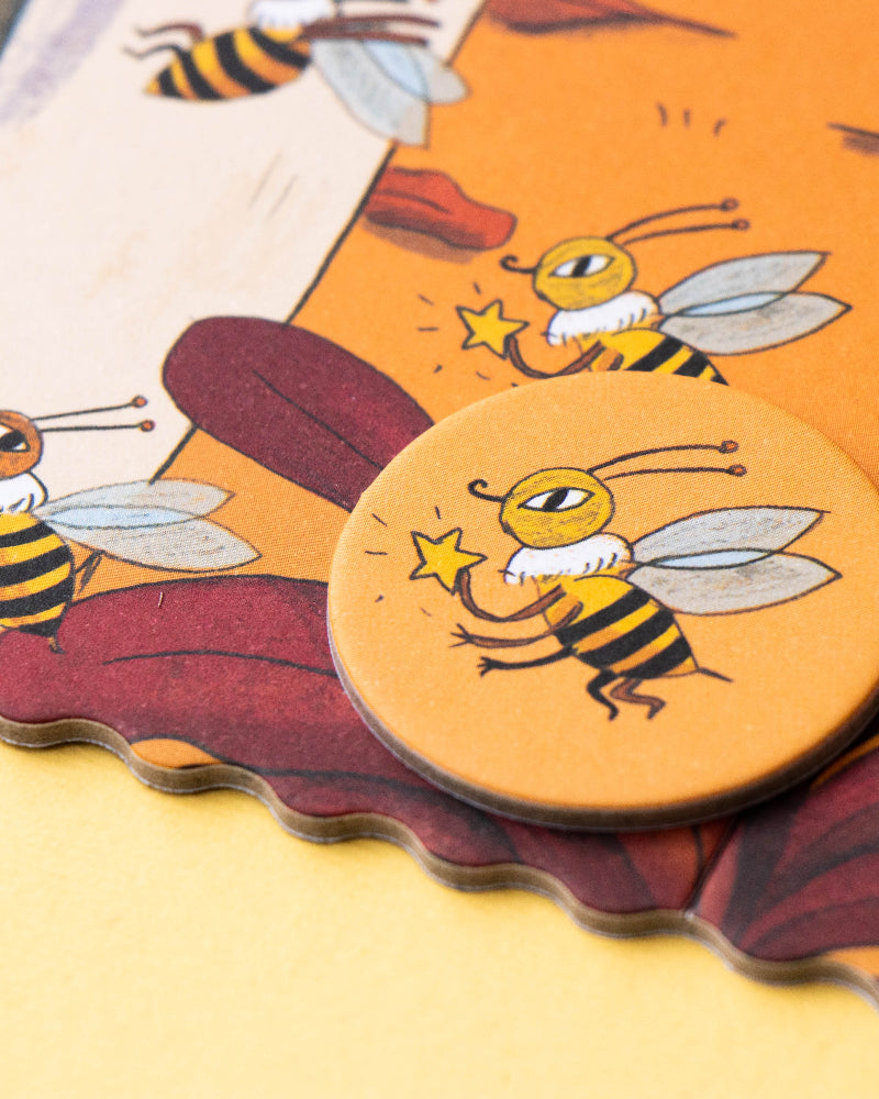 Children's puzzle with bee illustrations on a yellow background