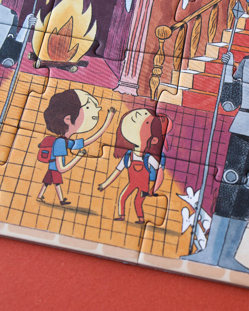 Children's puzzle with cartoon characters and knights on a red surface