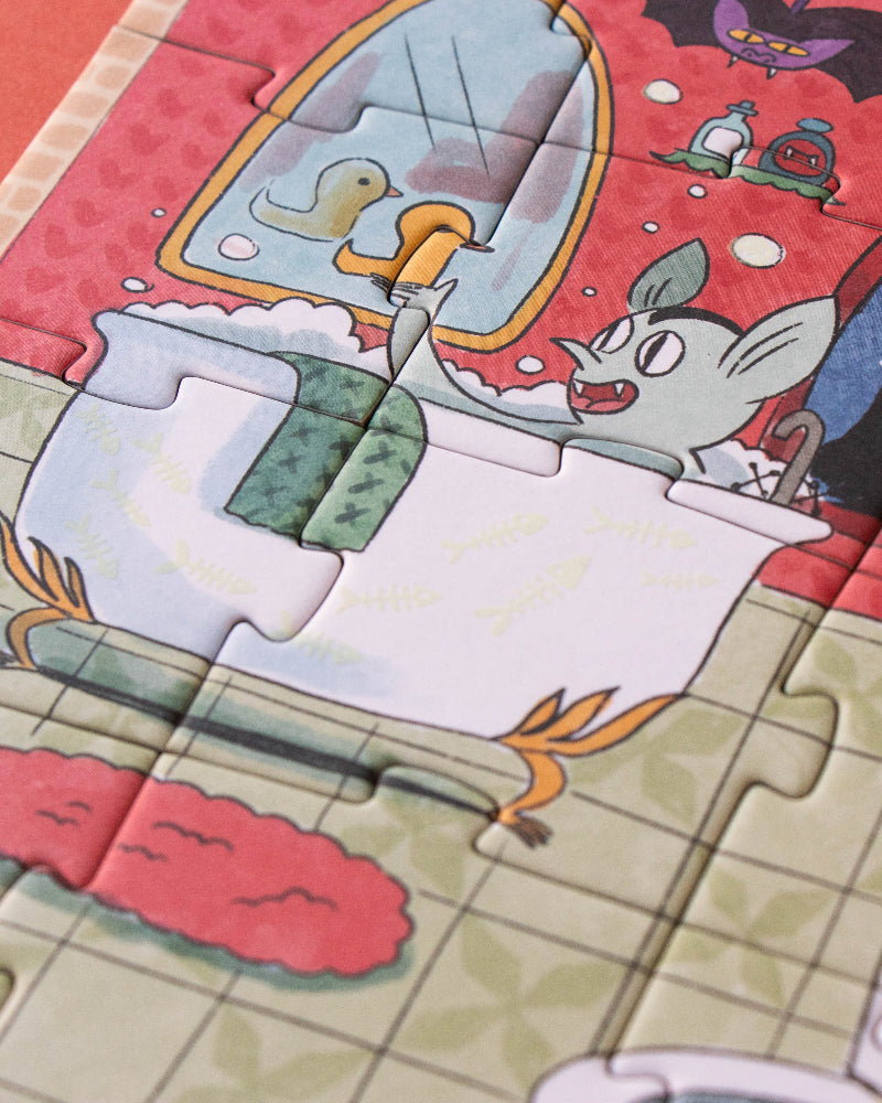 Cartoon character in a bathtub with a puzzle piece featuring a cat and moon.