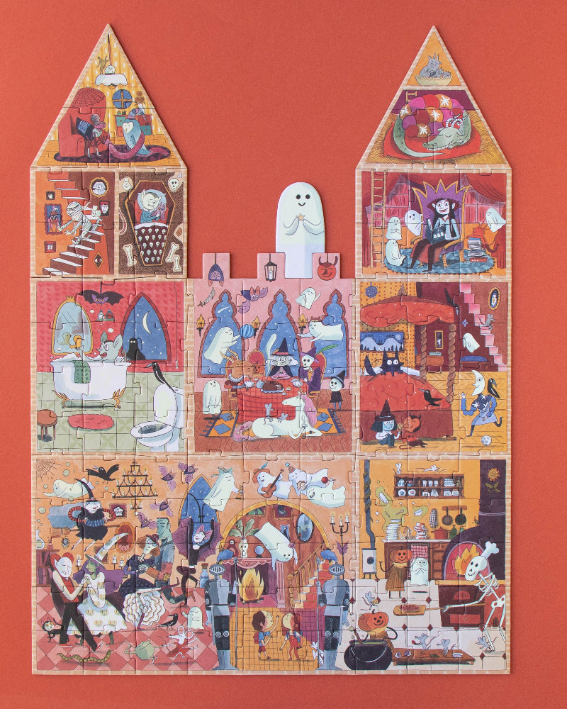 Illustration of a haunted house with ghostly figures on a red background