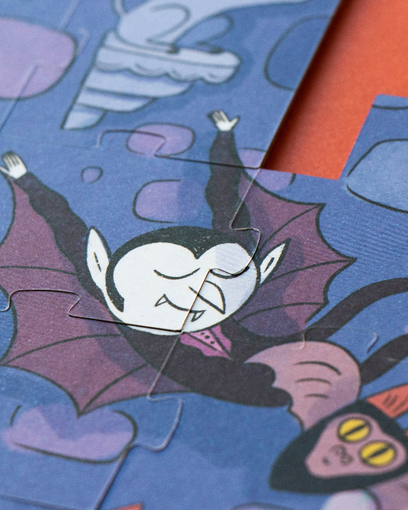 Jigsaw puzzle with cartoon characters on a blue background