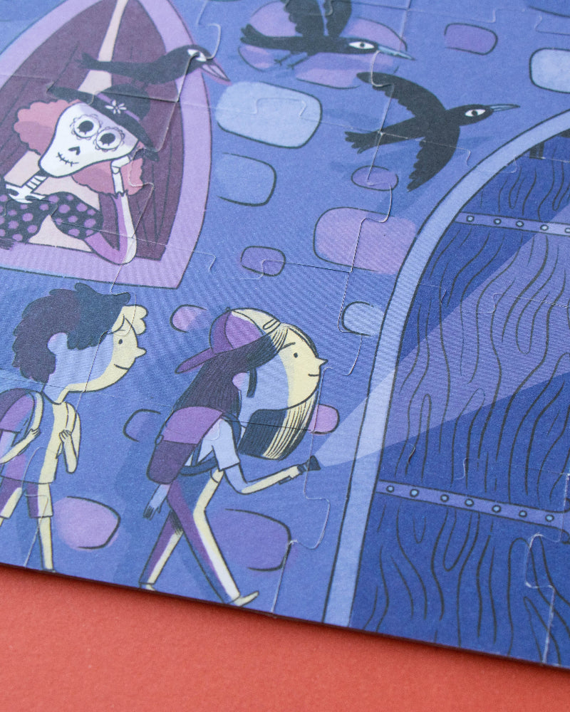 Illustration of a character with an umbrella looking out a window with birds, on a blue background.