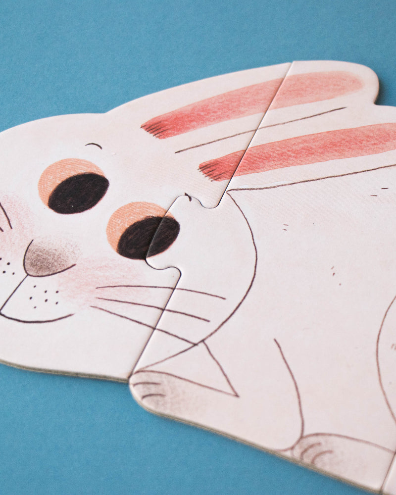 Cartoon bunny face cutout on a blue background