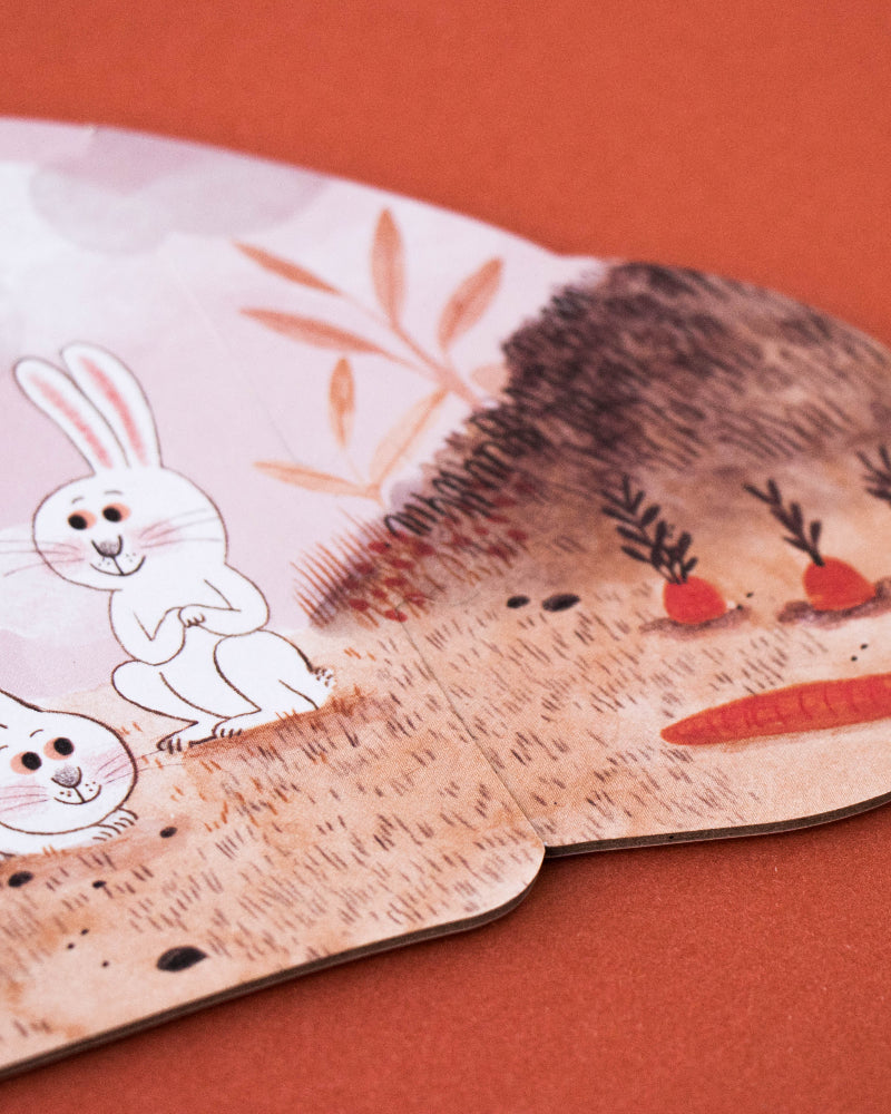 Puzzle with rabbit illustrations on a red background
