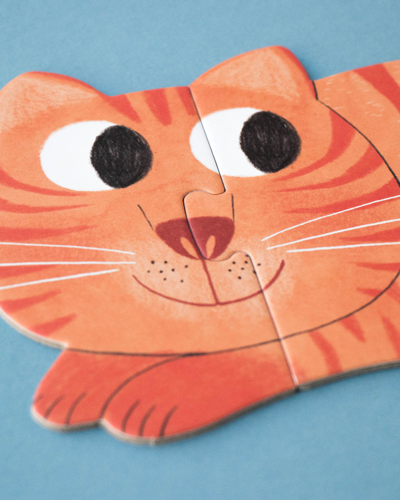 Cat-shaped paper puzzle on a blue background