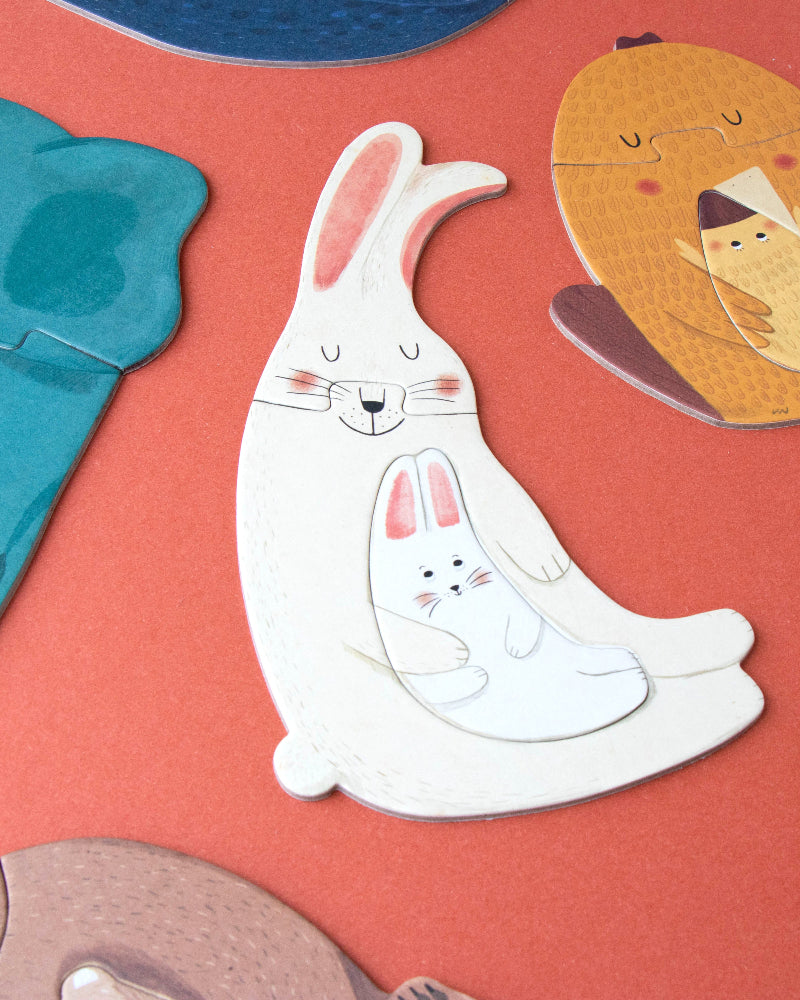 Cartoon animal puzzles on a red background