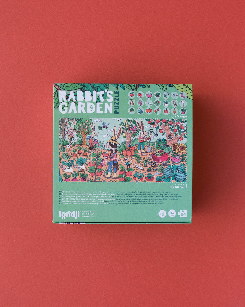 Puzzle box titled 'Rabbit's Garden' on a red background