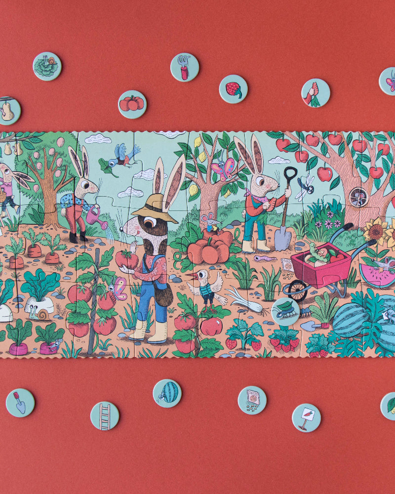 Colorful children's puzzle with cartoon characters on a red background