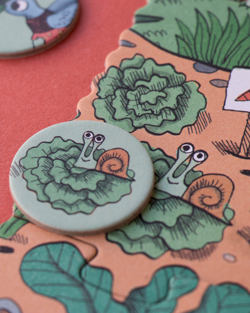 Colorful buttons with garden-themed designs on a matching card