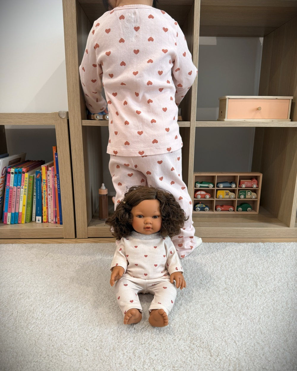 Polish-made doll clothes with mauve heart print matches Leni Romi Dreamy Mauve collection